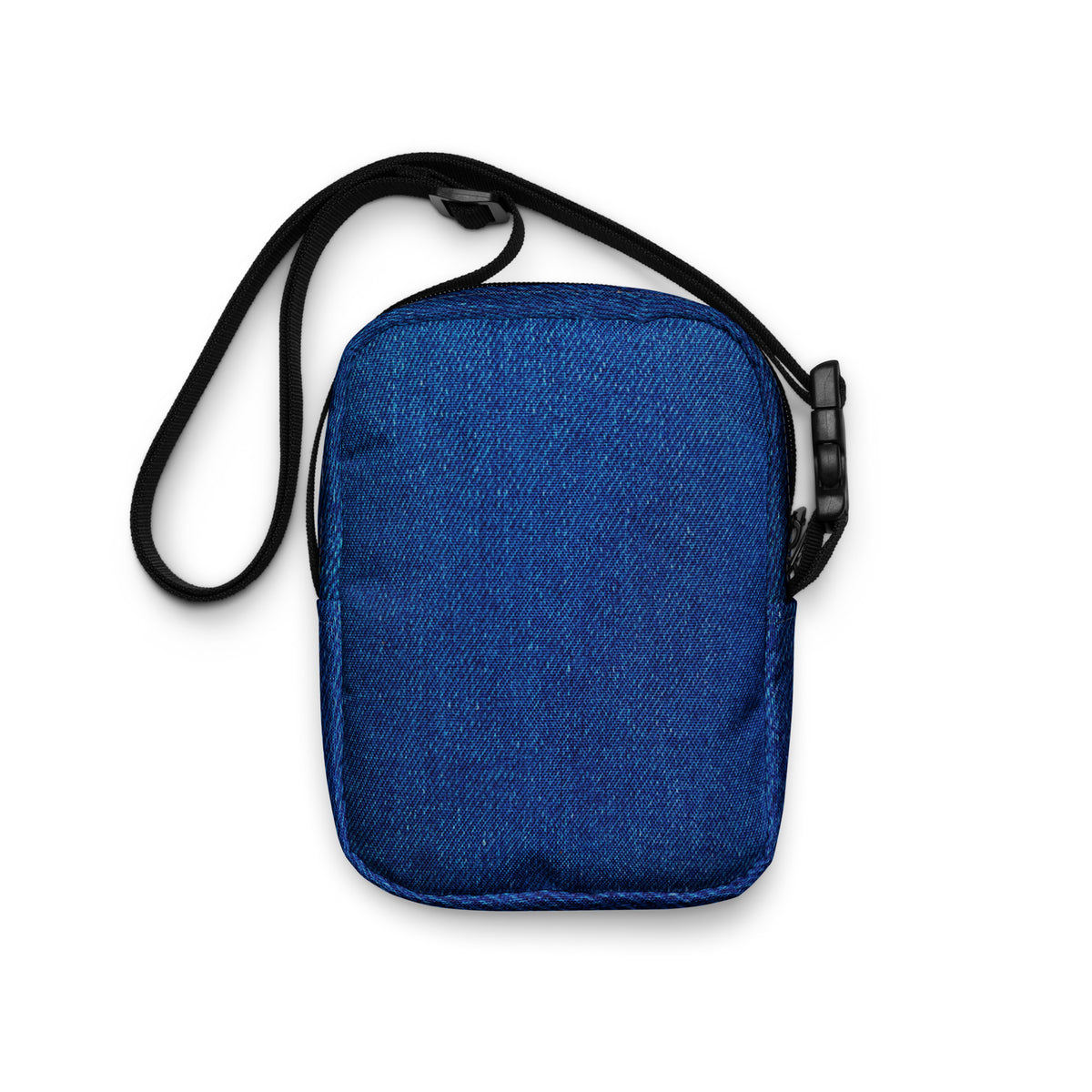 Denim crossbody bag, flat on white, full denim texture print facing forward