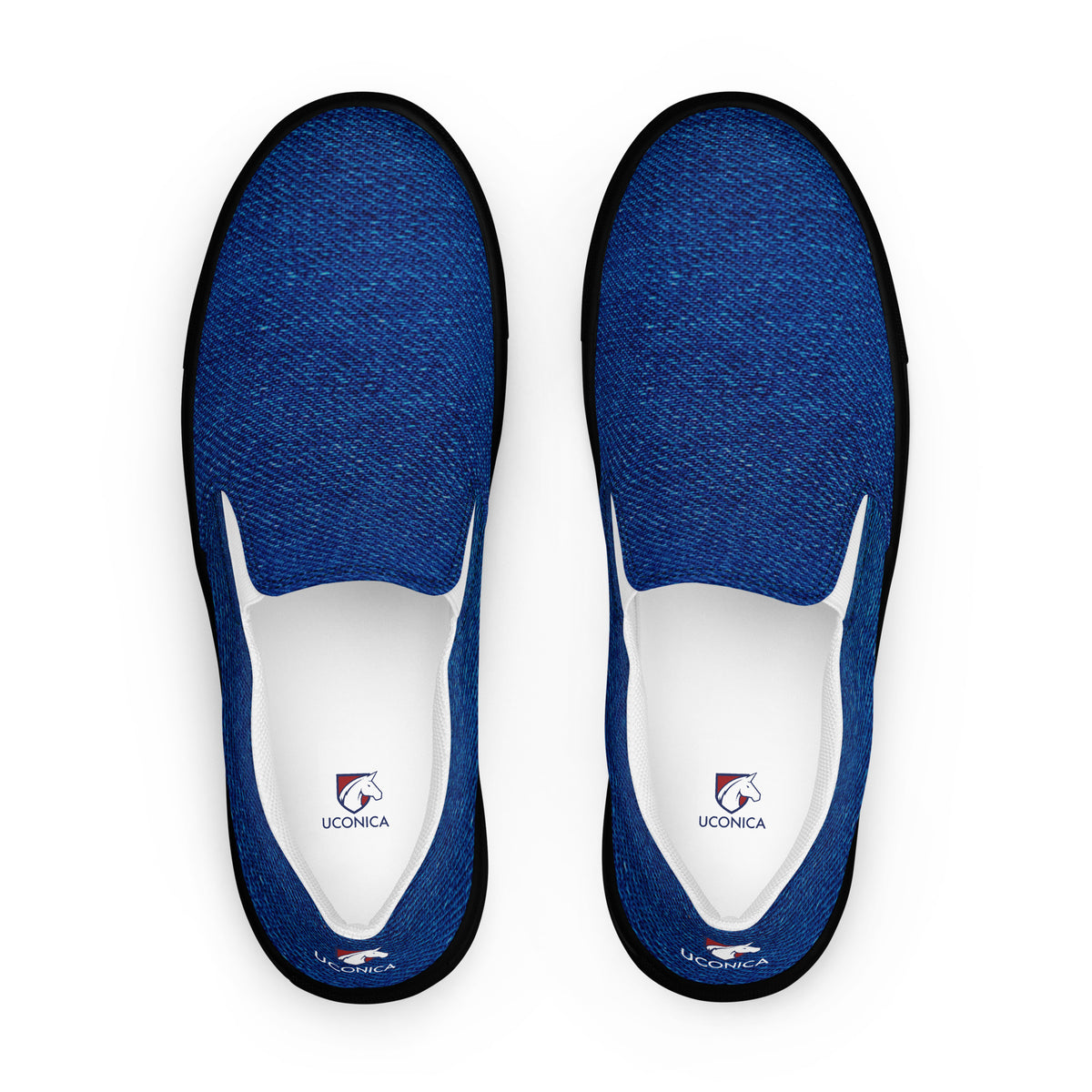 Denim slip-ons, black sole, top down