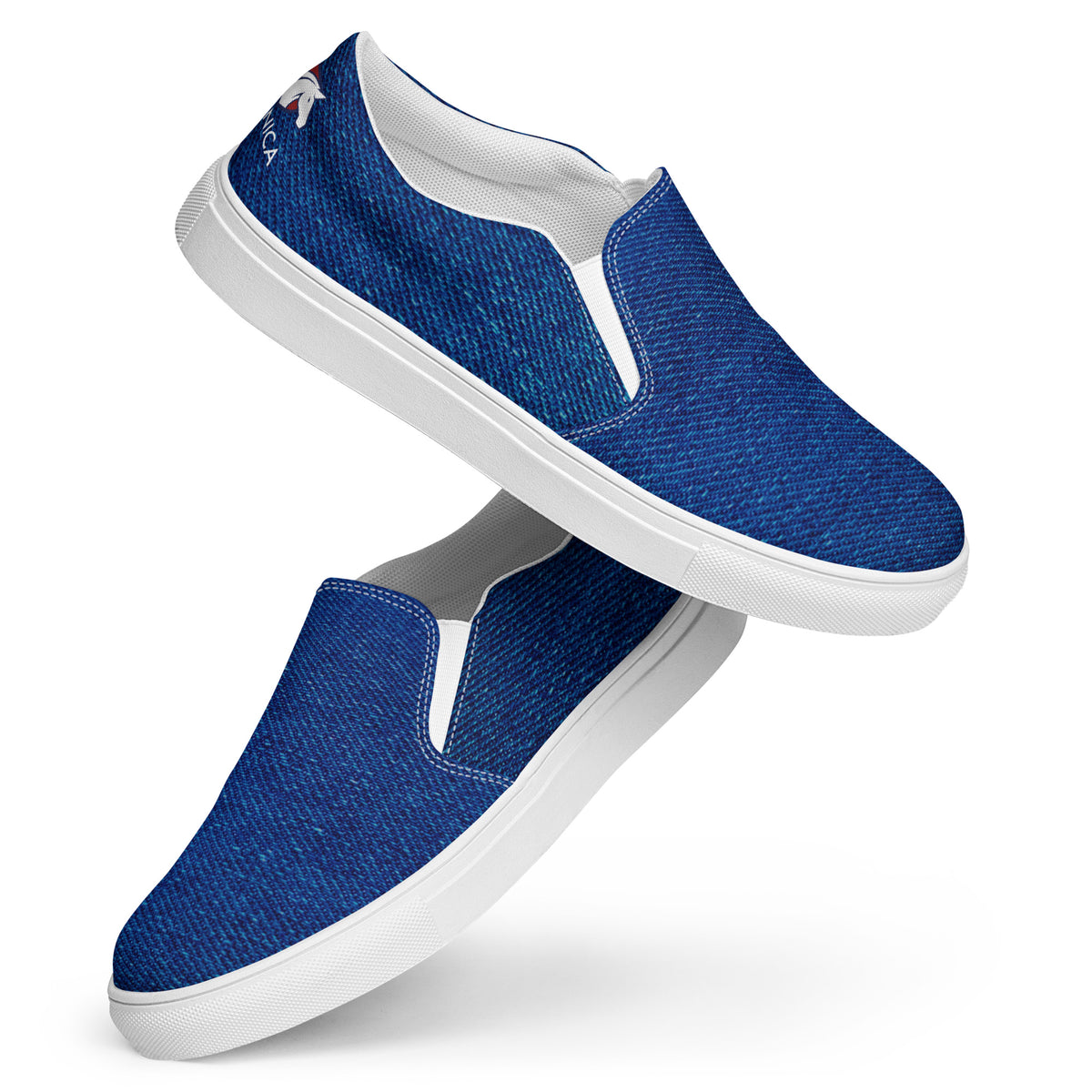 Denim slip-ons, white sole, angled pair