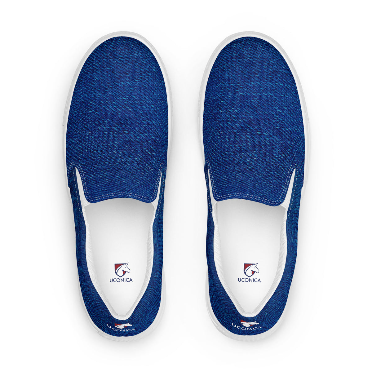 Denim slip-ons, white sole, top down