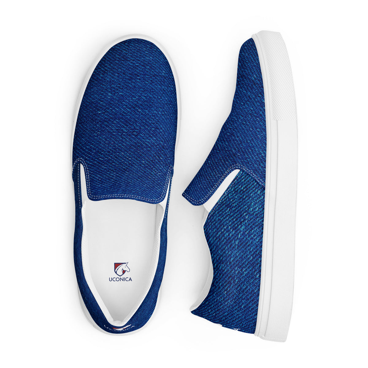 Denim slip-ons, white sole, side and top