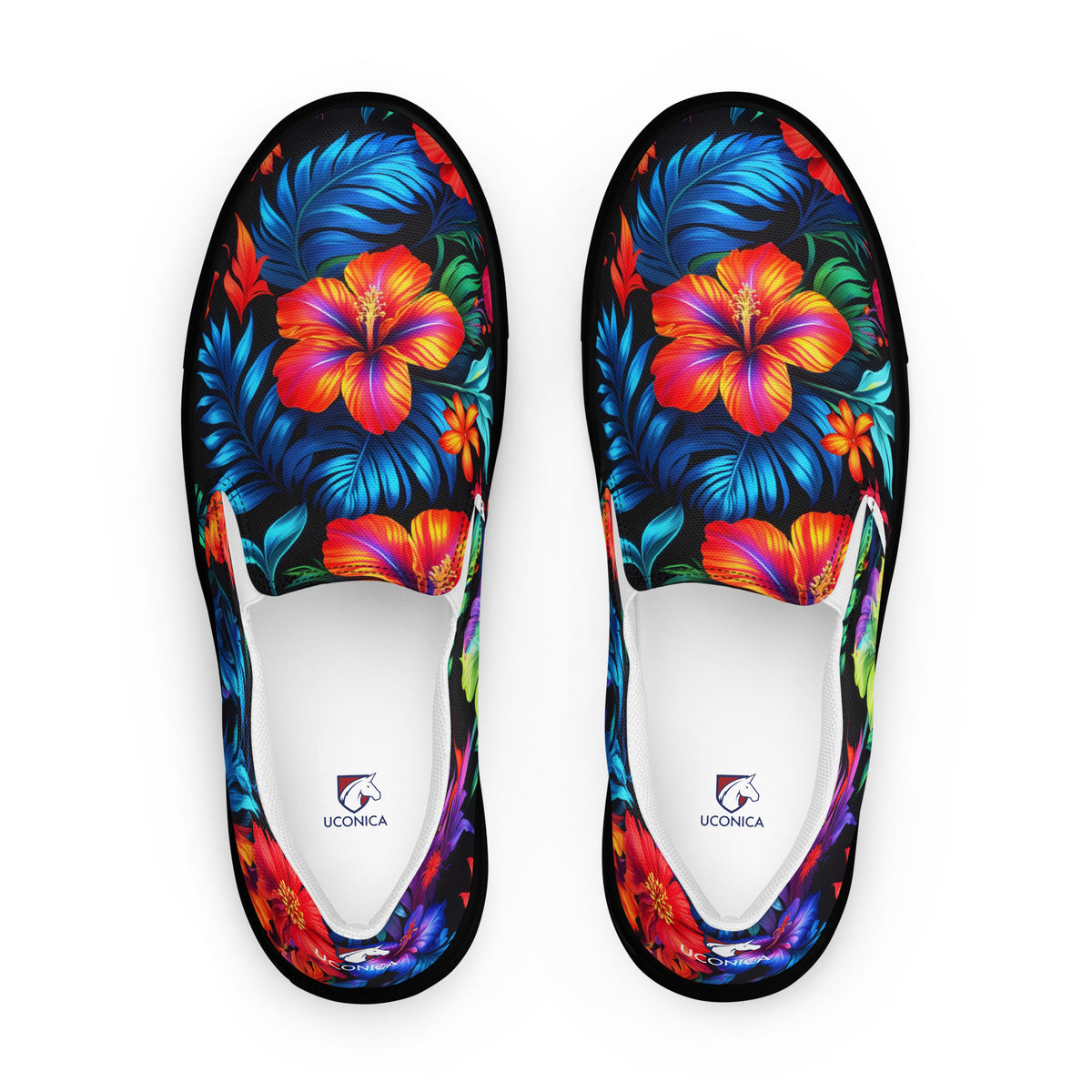 Neon Floral slip-ons, black sole, top down