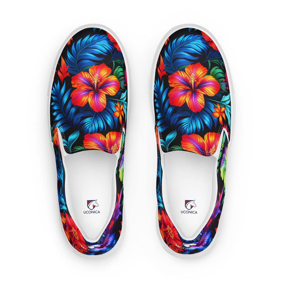 Neon Floral slip-ons, white sole, top down