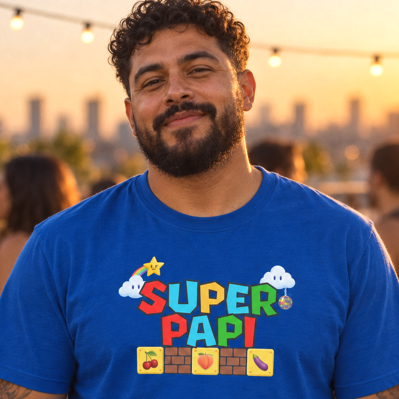 T-Shirts category tile, Super Papi royal blue tee on a rooftop