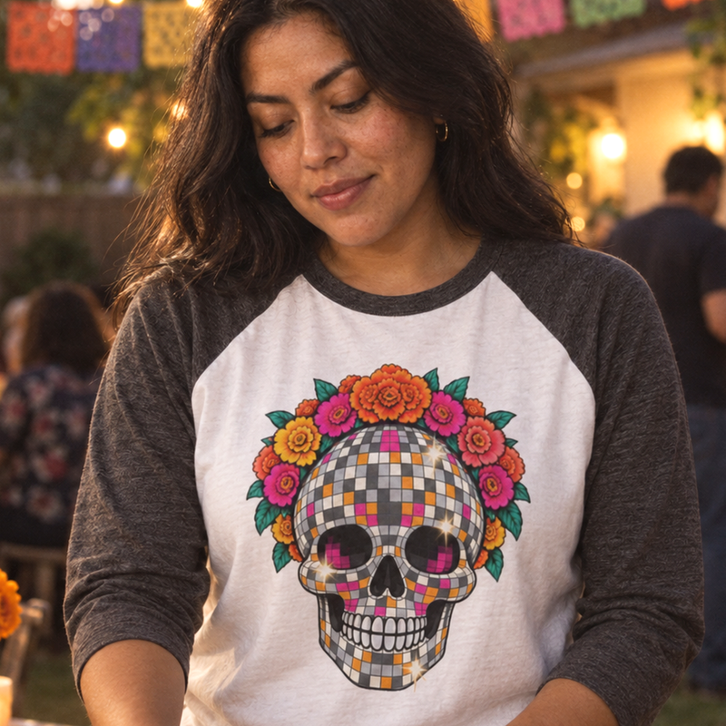Raglan Tees category tile, Disco De Los Muertos raglan at a backyard gathering