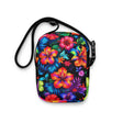 Neon Floral crossbody bag, flat on white, full tropical floral print facing forward