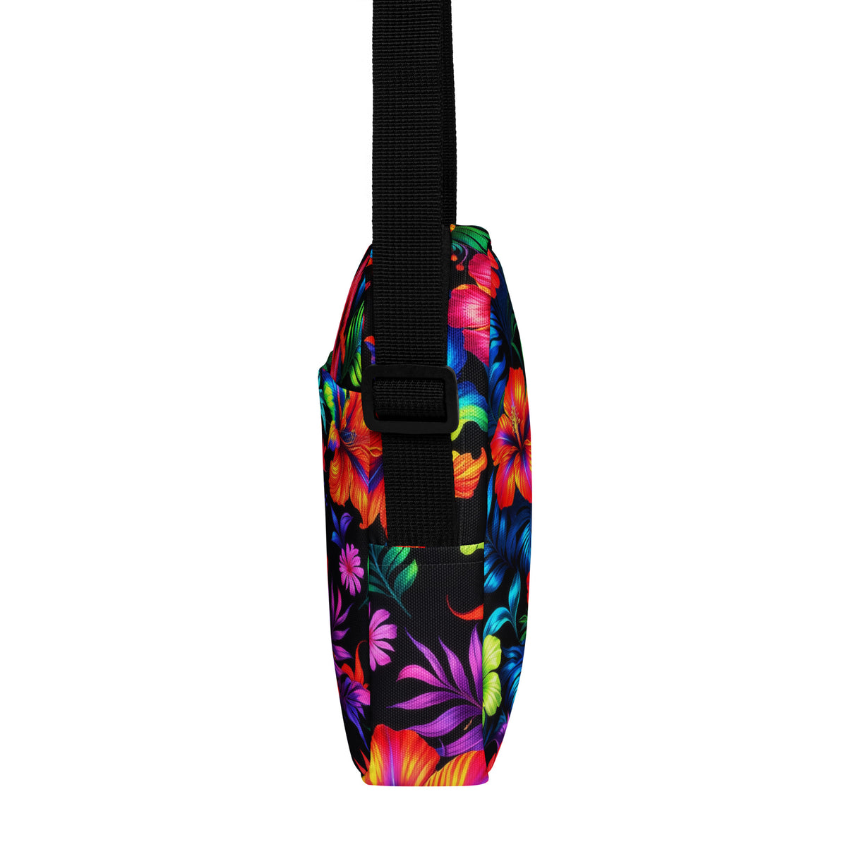 Neon Floral crossbody bag, side profile showing the two-inch depth and strap buckle