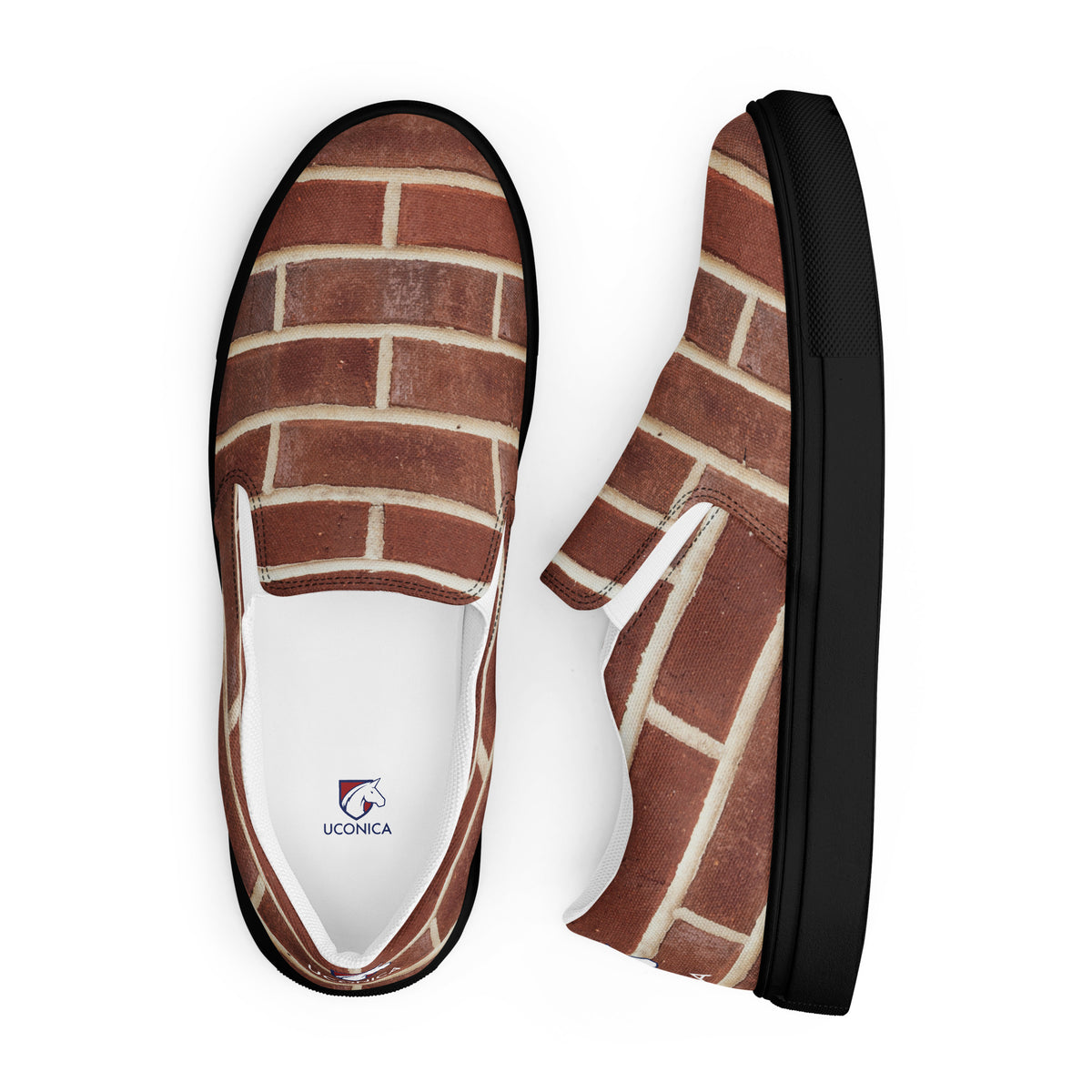 Brick slip-ons, black sole, side and top
