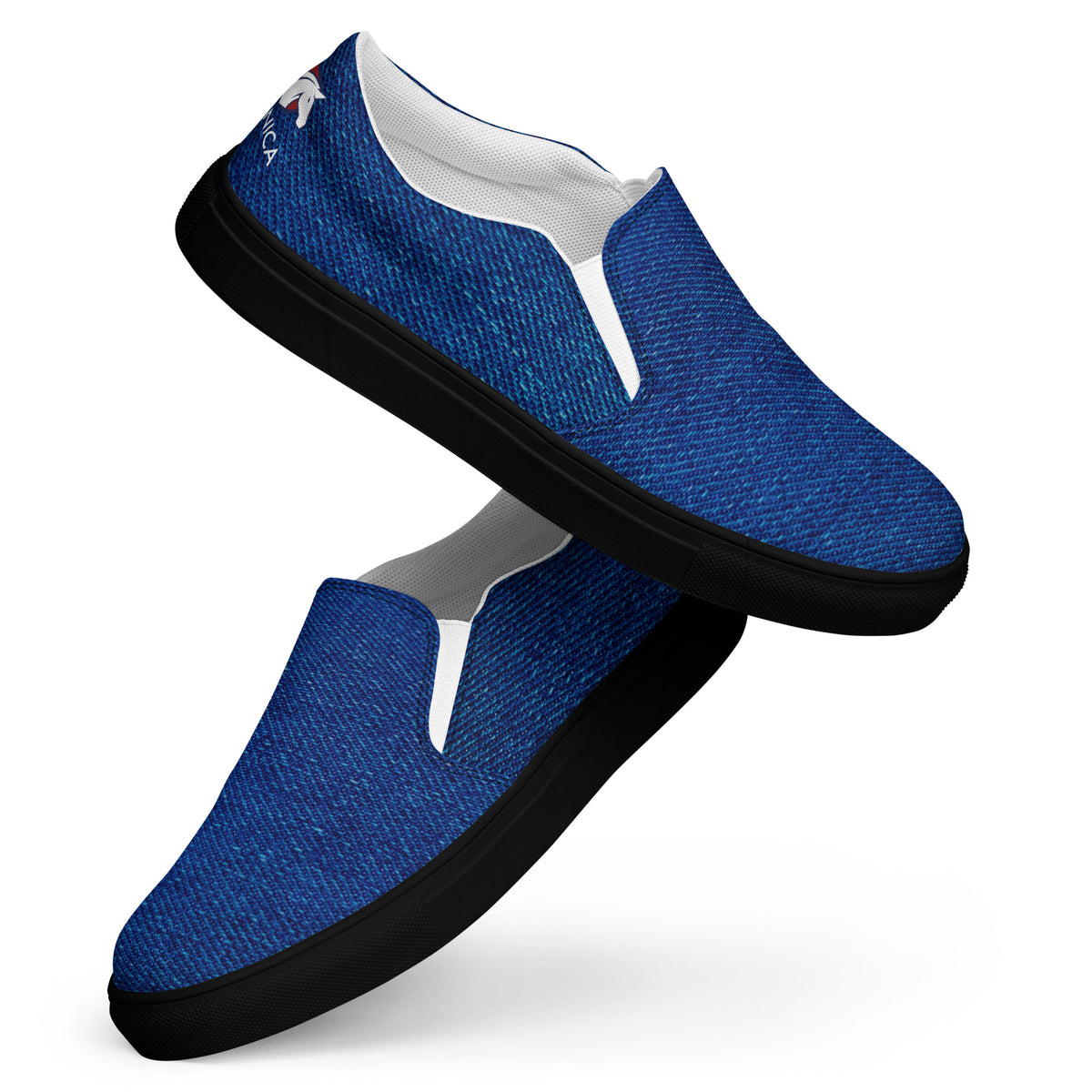 Denim slip-ons, black sole, angled pair