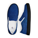 Denim slip-ons, black sole, side and top
