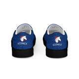 Denim slip-ons, black sole, rear