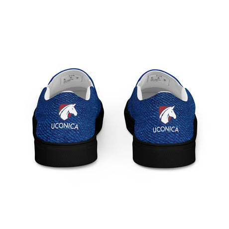 Denim slip-ons, black sole, rear