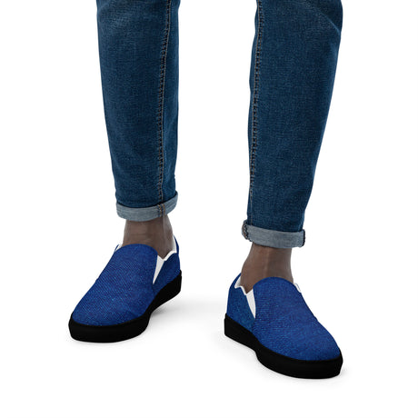 Denim slip-ons, black sole, worn