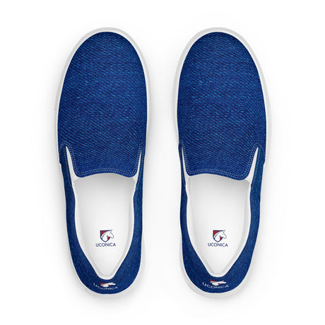 Denim slip-ons, white sole, top down