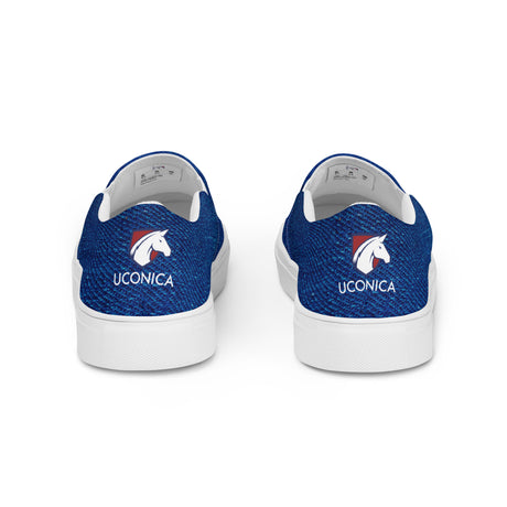 Denim slip-ons, white sole, rear