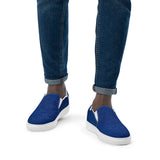 Denim slip-ons, white sole, worn