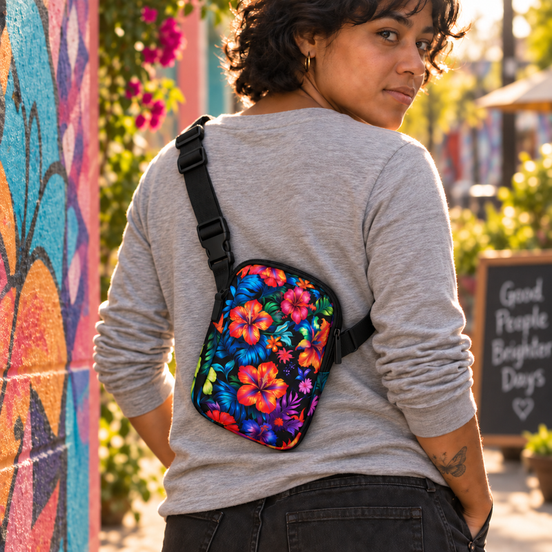 Neon Floral crossbody bag worn against colorful mural, lifestyle shot