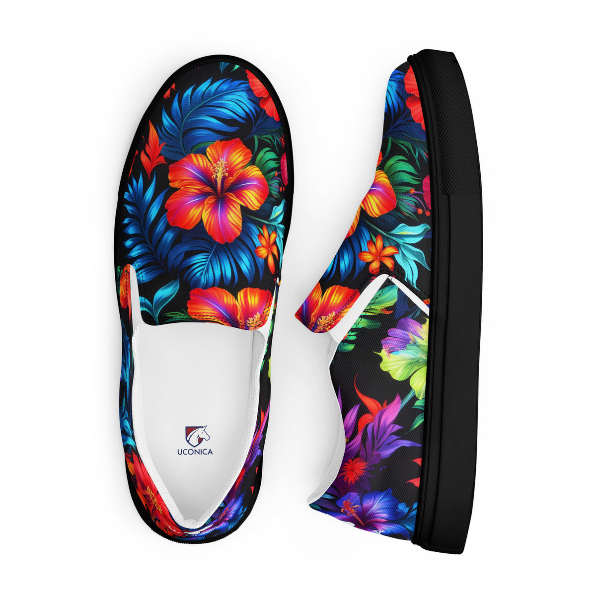 Neon Floral slip-ons, black sole, side and top