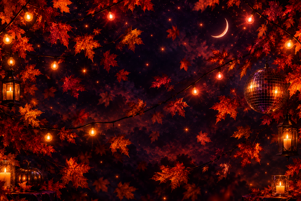 Autumn night scene with maple leaves, string lights, lanterns and a disco ball