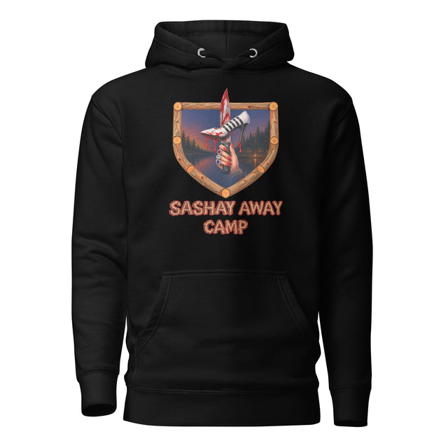 Sashay Away Camp hoodie in black, drag slasher summer camp graphic by Uconica